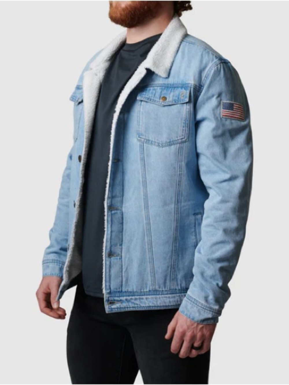 Born Primitive Light Blue Sherpa-Lined Denim Jacket with Flag Patch